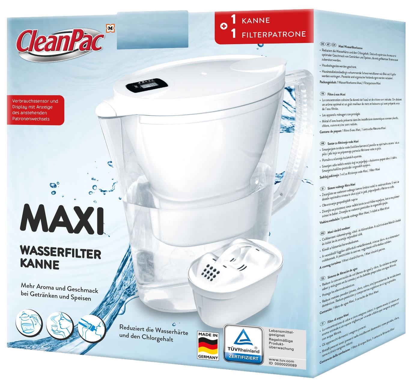 CleanPac Maxi Wasserfilterkanne - 1 Kanne + 1 Filterpatrone